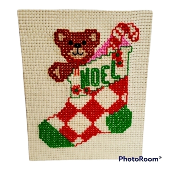 VINTAGE Handmade Cross Stitch 8x10 Holiday Christmas Decor Bear Noel Stocking - Picture 1 of 6